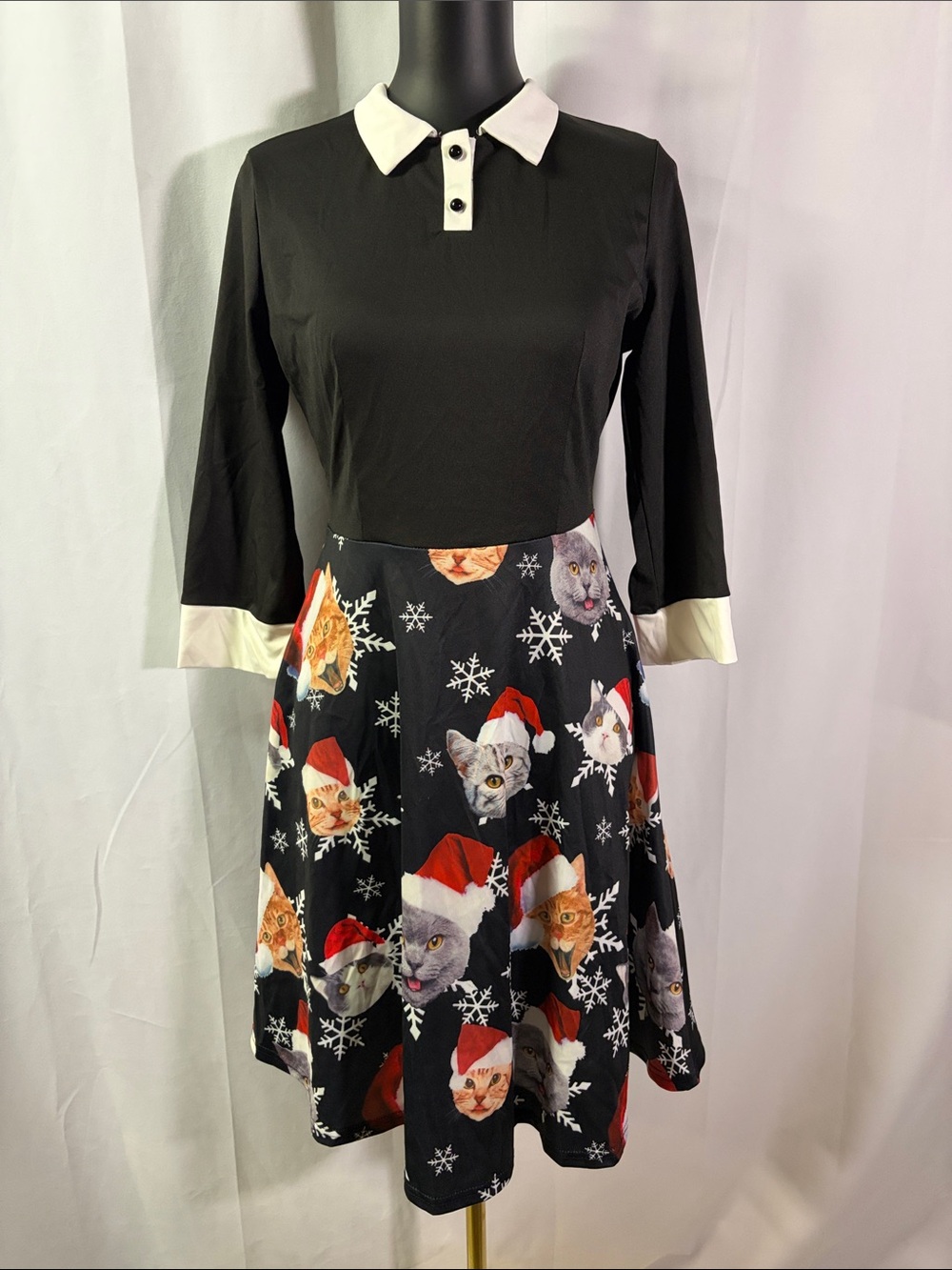 Honey Yoc Black & White Christmas Cat Print Collared A-Line Dress
